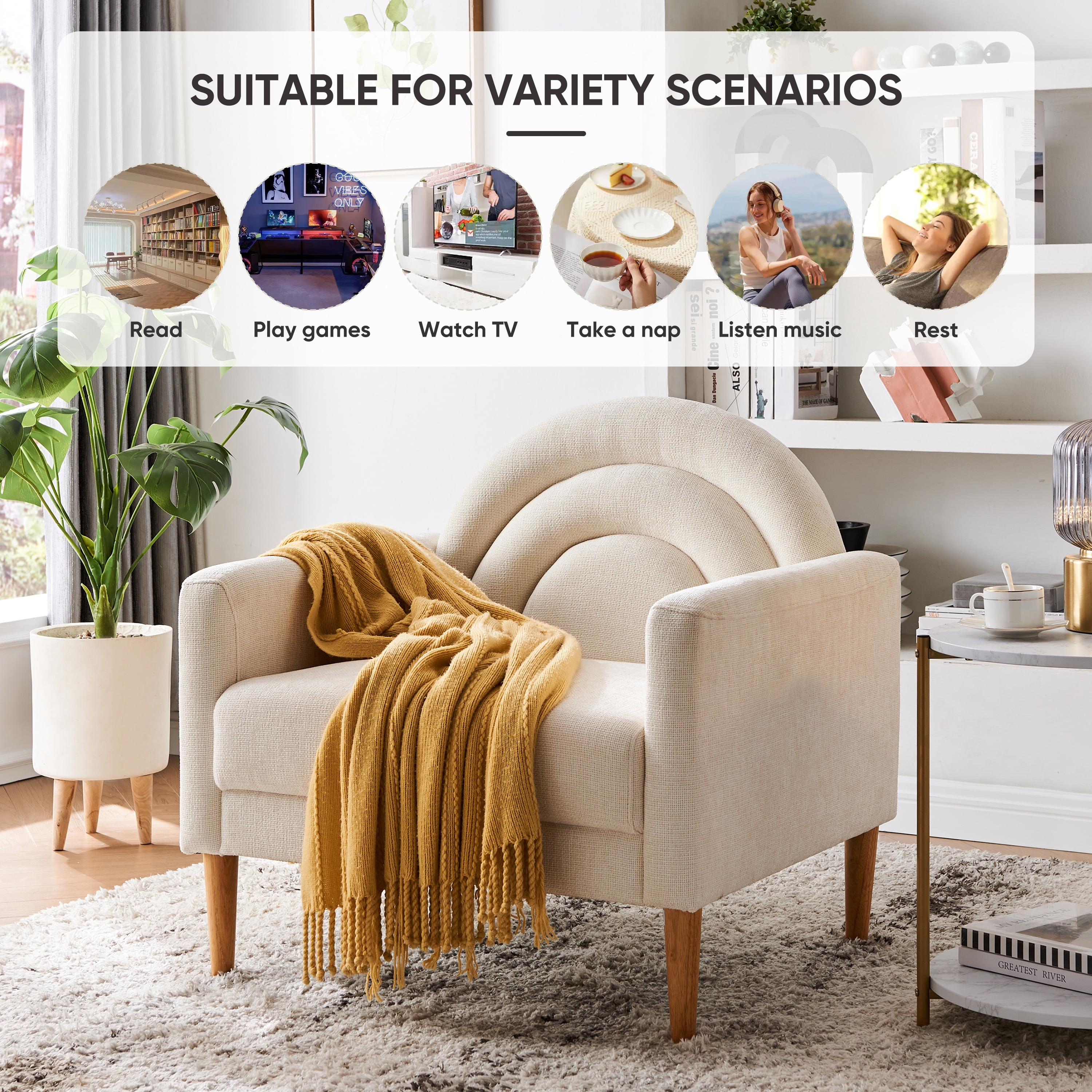 Upholstered  Armchair Ergonomically designed Modern Accent Fabric Chair Single Sofa Comfy Upholstered Arm Chair Living Room Furniture Mustard Cream