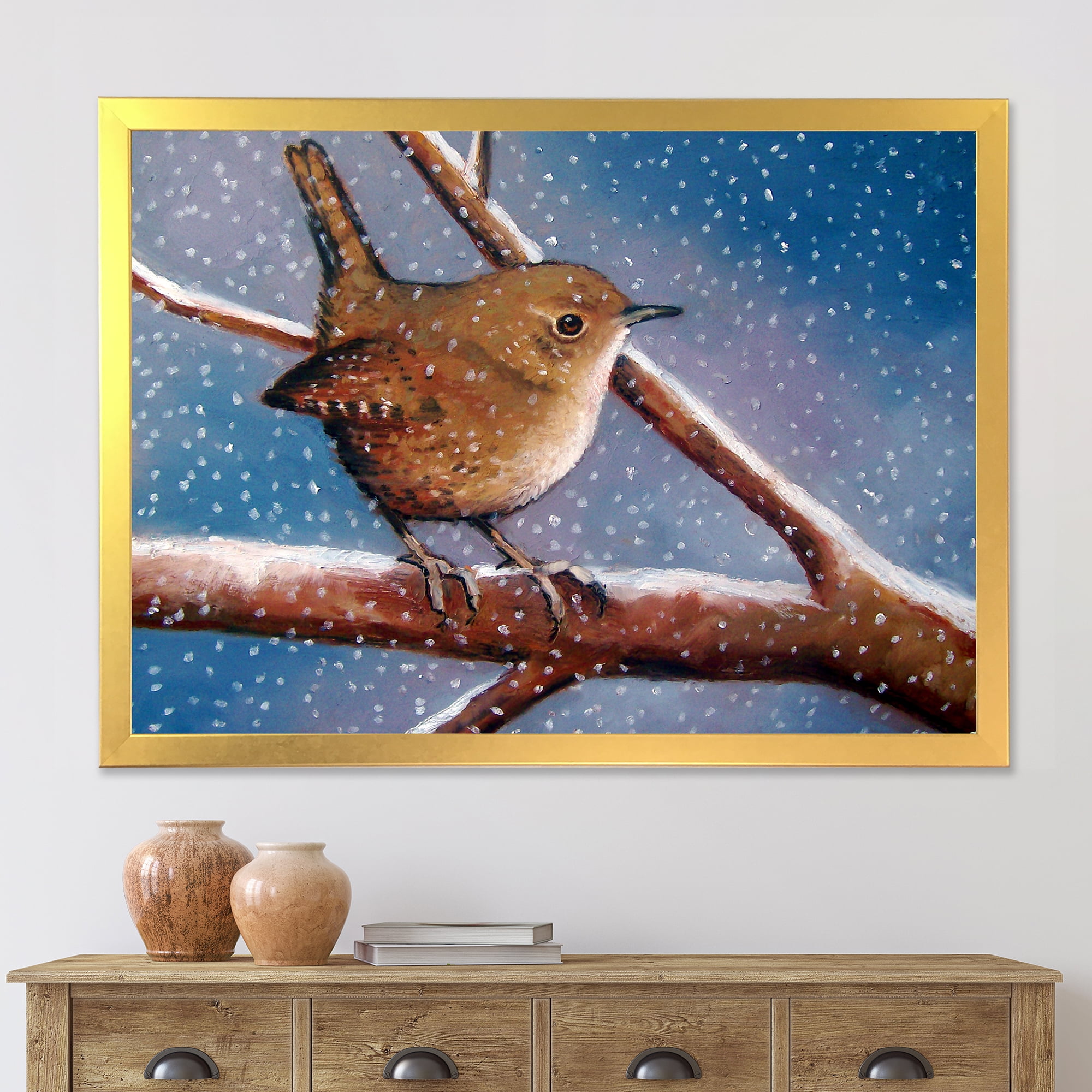 Designart 'Wren Bird On Branch In Winter' Farmhouse Framed Art Print