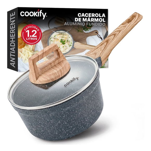 Olla Cacerola de Aluminio con Revestimiento Antiadherente Libre de PFOA Cookify (Mármol Gris, 16 cm)