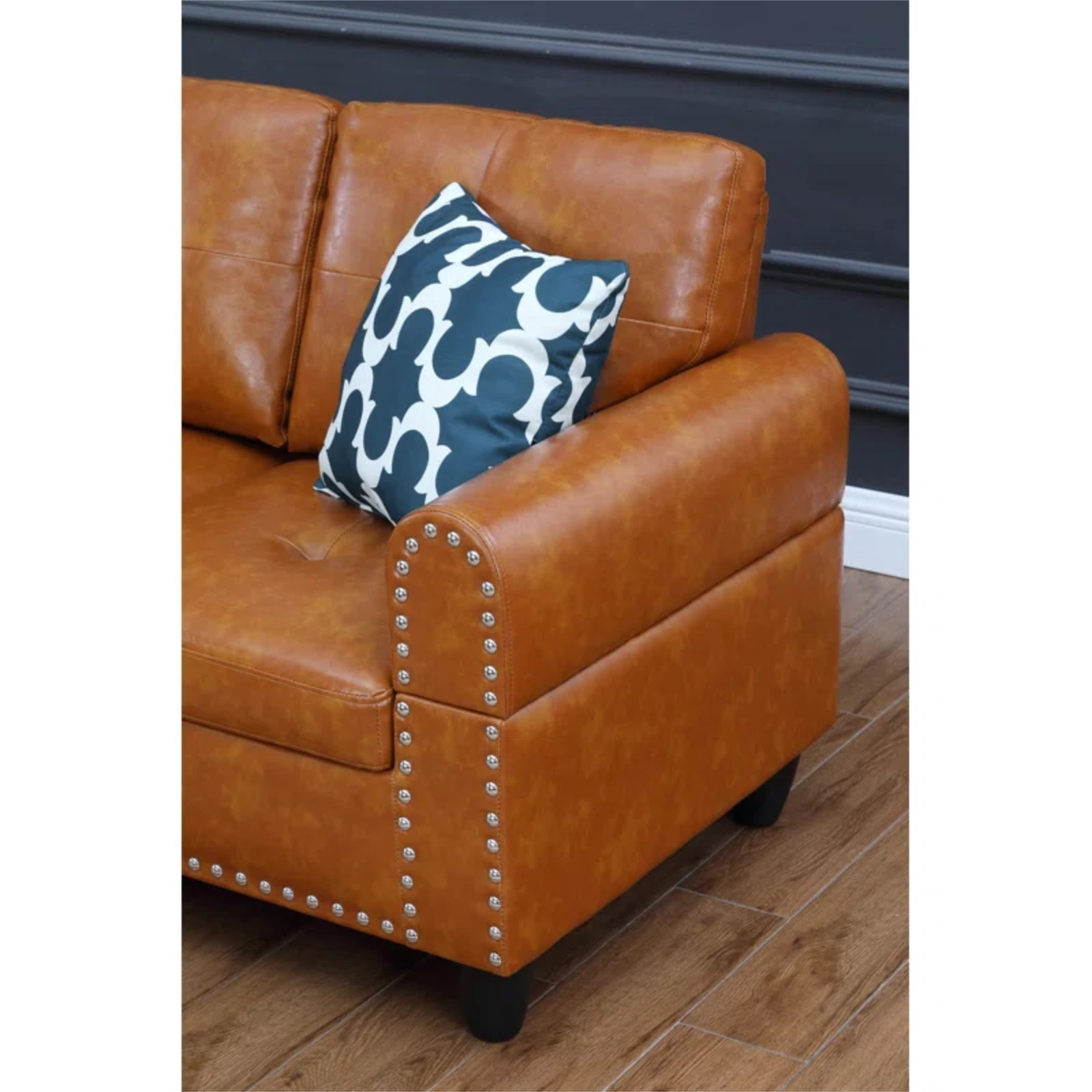 Hommoo L-Shaped Upholstered Sectional Sofa Couch with Storage & Cup Holders, Faux Leather Living Room Sofa Set, No Ottoman, Ginger