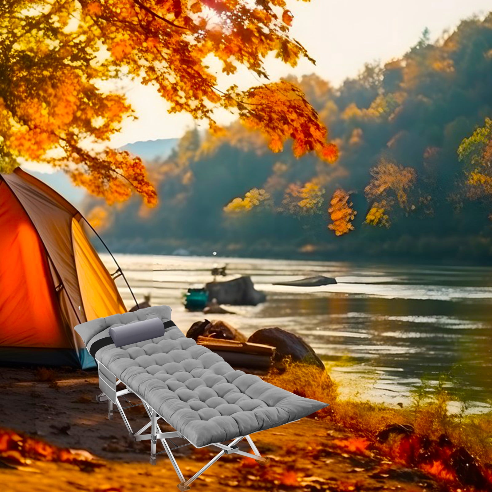 Durable Folding Camping Cot with Mattress for Adults - Portable 1200D Oxford Foldable Bed with Carry Bag - Ideal Sleeping Cot for Camping, Outdoor Travel, Grey