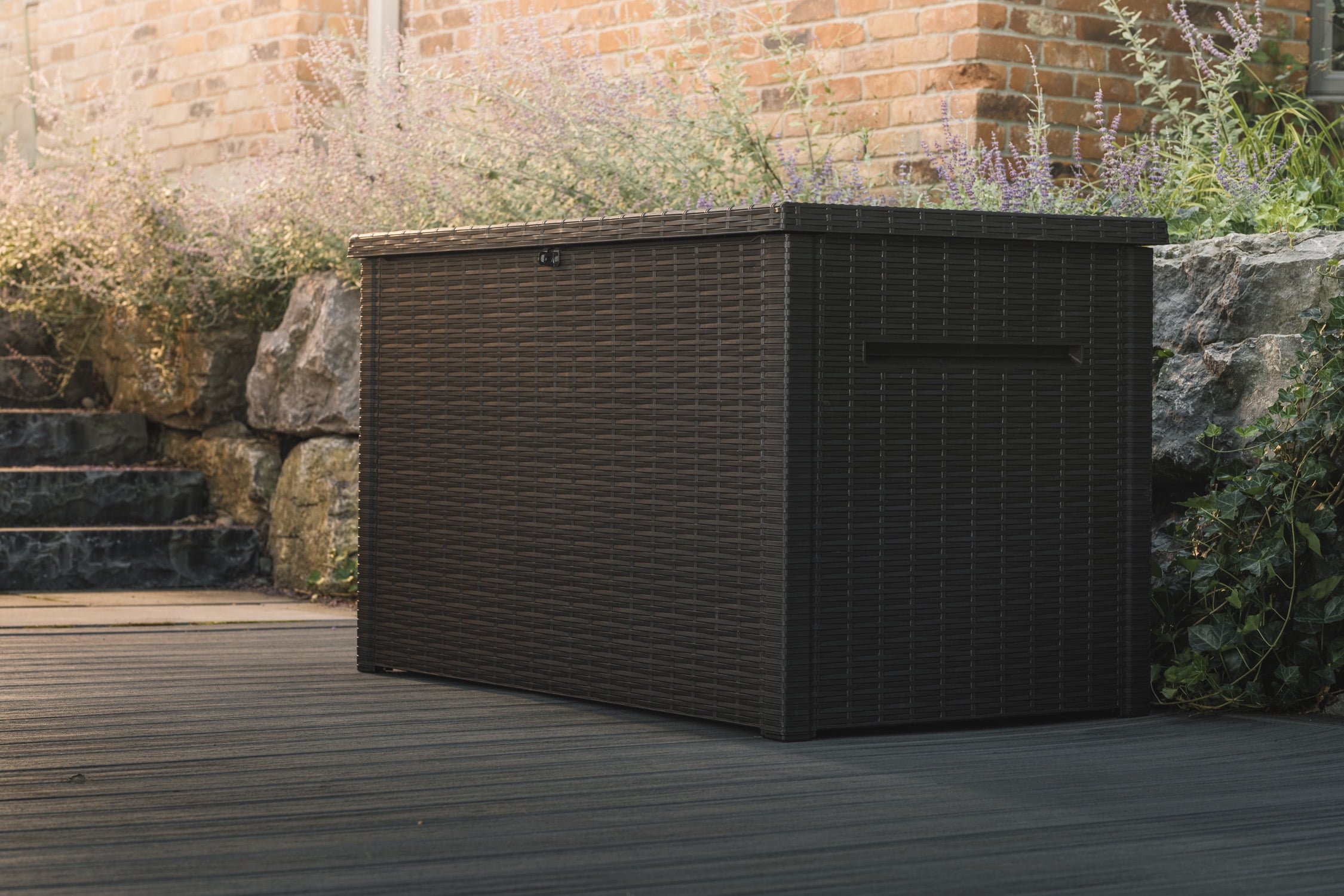 Keter Java 230 Gallon XL Durable Resin Outdoor Deck Box Storage Organization, Wicker Espresso Brown