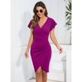thumbnail image 3 of Owin Women's Summer Sexy V Neck Ruffle Sleeve Faux Wrap Ruched Sheath Bodycon Cocktail Party Work Dress, 3 of 3