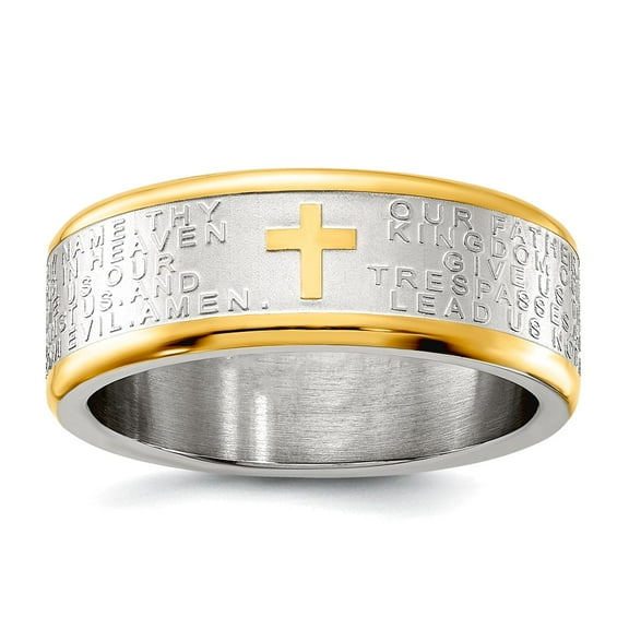 Stainless Steel Brushed and Polished Yellow Ip Lords Prayer 8mm Band Size 8 Ring for Women and Men