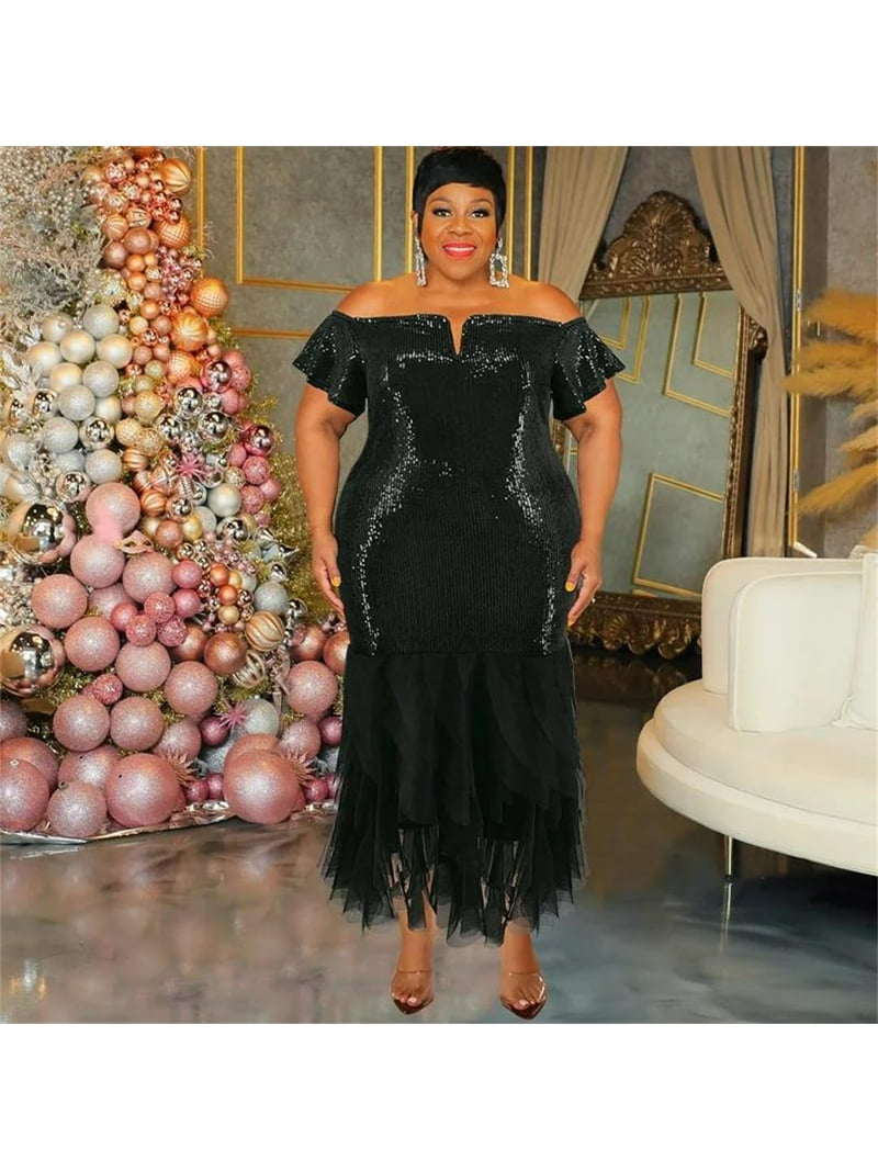 FONOW Women's Evening Party Dresses Large One Shoulder Bead Patchwork Mesh Black Plus Size Long Elegant African Formal Dress FONOW Women's Evening Party Dresses Large One Shoulder Bead Patchwork Mesh Black Plus Size Long Elegant African Formal Dress