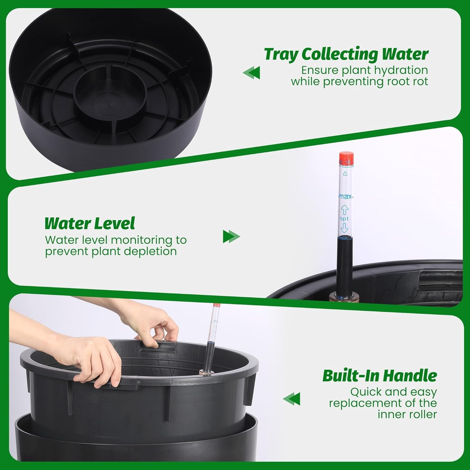 Goldensoil 2 Pack 21.5" Tall Round Planter Pots, with Water Level Monitor ＆ Inner Bucket, Black