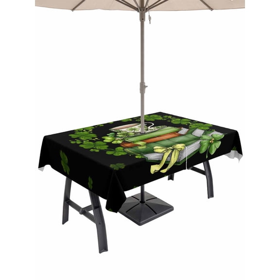 St Patrick's Day Outdoor Tablecloth - 60x102 Inch Rectangle Dining Table Cover, Shamrock Leaf Coffee Cups Books Dark Green Waterproof Outdoor Table Cloth with Umbrella Hole & Zipper for Picnic/Patio
