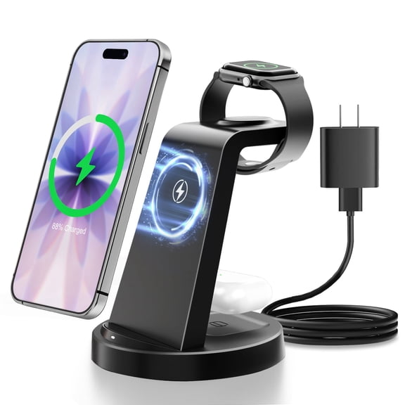 Charging Station, 15W Wireless Charger for iPhone 17 16 15 14 13 12, 3 in 1 Charger Stand for iWatch Series, for Airpods 4 3 2, Wireless Phone Charger for Samsung Galaxy, Black