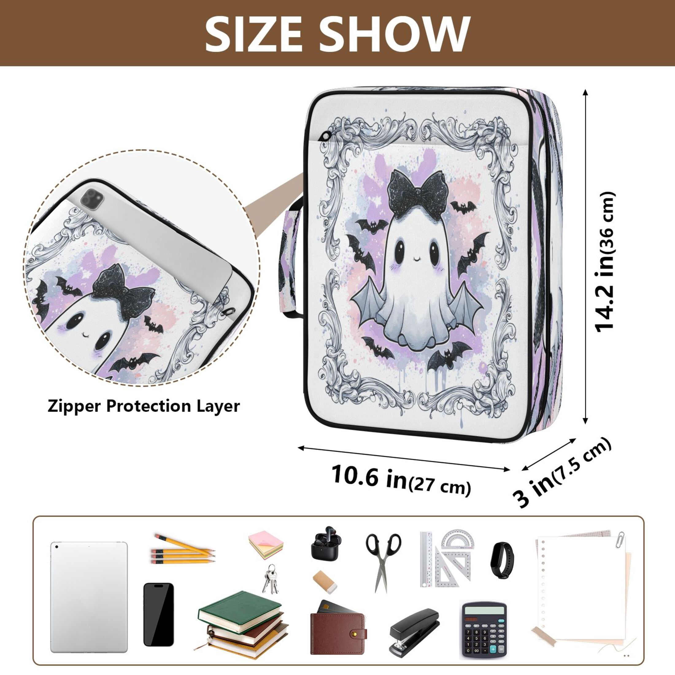 3 Ring Zipper Binder with Accordion File Organizer Waterproof Back to College Binder - 7 Layer Document Organizer for Study Home Office College Travel Supplies Cute Black Bow Ghost