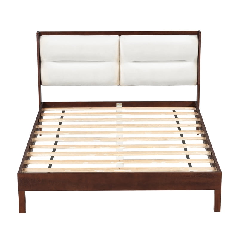 Wooden Queen Size Platform Bed with Velvet Upholstered Headboard, Low-Profile Bed Frame with Slat Support No Box Spring Needed