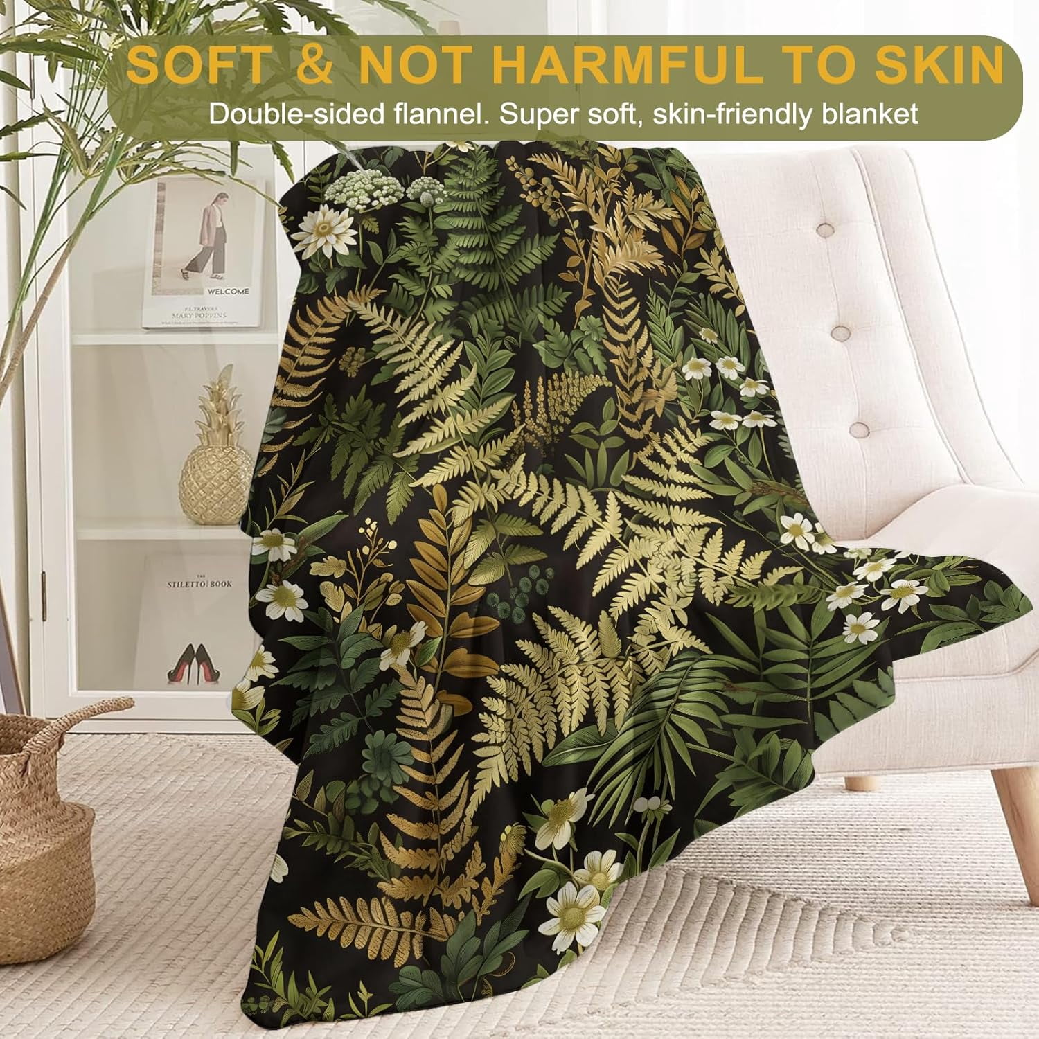Botanical Flannel Blanket - Lightweight Soft Cozy Unique Gifts Blankets for Nature Lovers,Users,Adult,Women,Wildflower Plant Fern Leaves Throw,Home Room Modern Forest Decor 50x60in