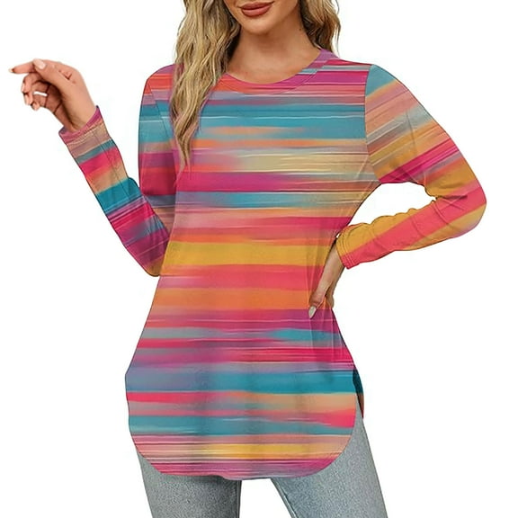 VOONCAS Womens Tops Crew Neck Casual Print Fall Winter Long Sleeve Hot Pink Going Out Tops for Women Size L