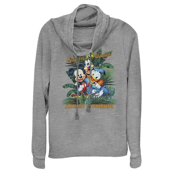 Junior's Mickey & Friends Ready For Adventure Tropical  Cowl Neck Sweatshirt Gray Heather 2X Large