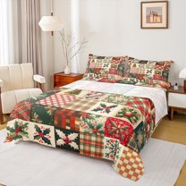 Manfei Merry Christmas Queen Sheet Sets,Red Xmas Berry Flat Sheet,Happy New Year Queen Fitted Sheet For Child,Breathable Home Decor,4-Piece