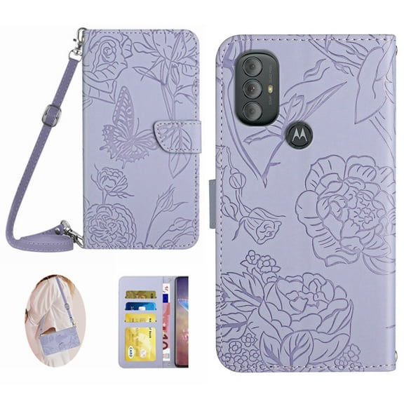 for Motorola Moto G Power 2022/Moto G Pure 2022 Case Wallet,Crossbody Strap Flip Cover with Card Holders Butterfly Embossed Premium PU Leather Kickstand Wrist Strap Magnetic Closure Case,Lightpurple