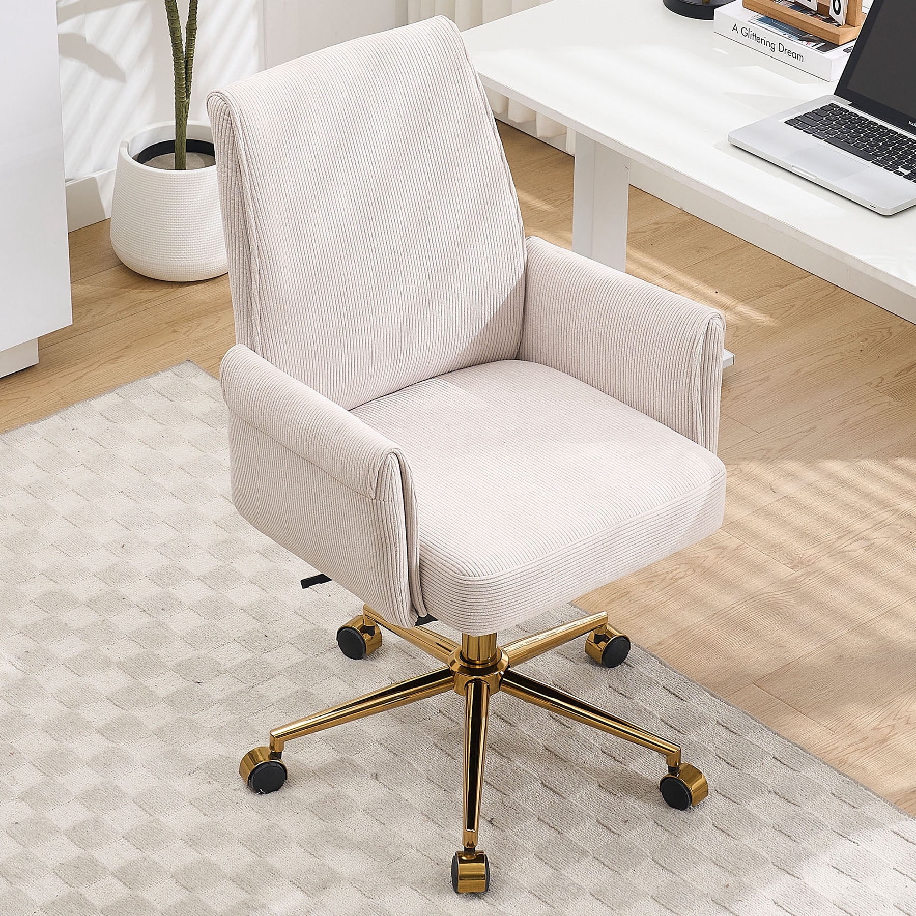 S-HOME Ergonomic Mid-Back Liftable Office Chair in Striped Fabric with Golden Base and Memory Foam Cushion , White