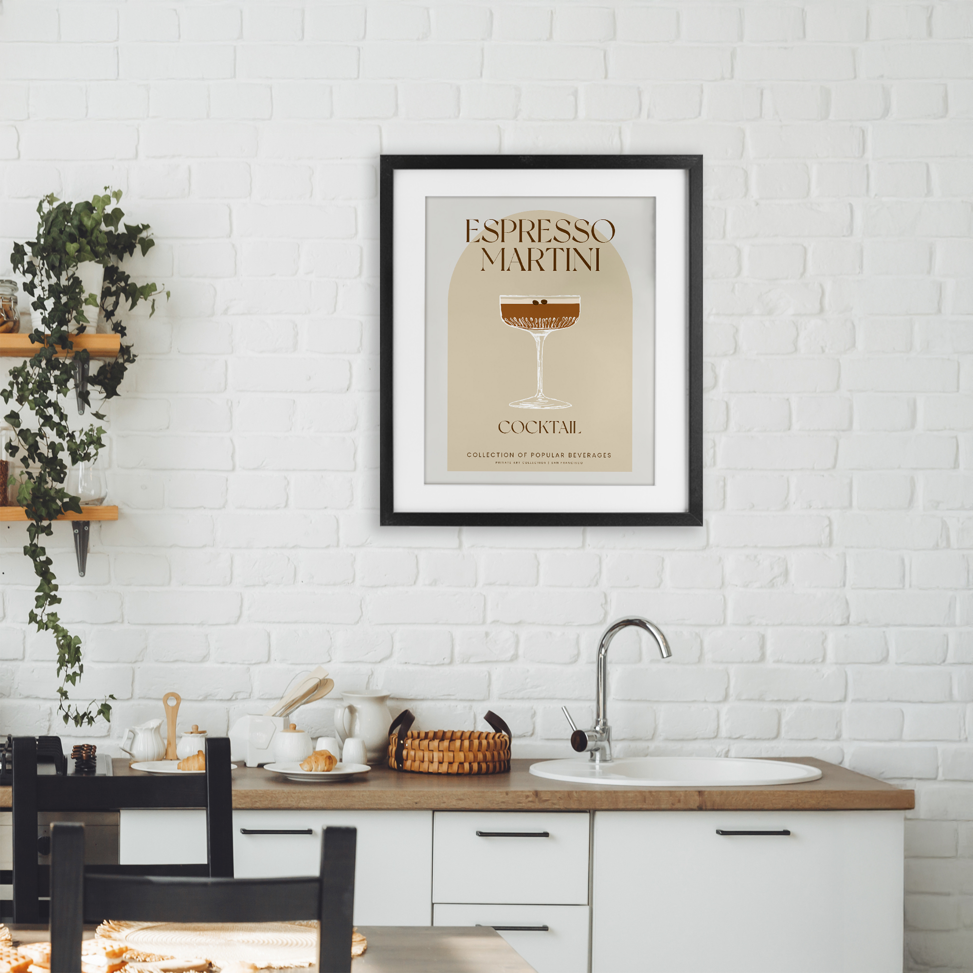 Stylish Retro Espresso Martini Black Framed Print Under Glass, design by Lil' Rue