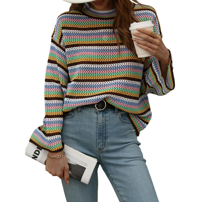 Liacowi Women Juniors Knitted Sweater Long Sleeve Stripes Pullover Retro Jumpers Tops Fall Loose Knitwear for Teen