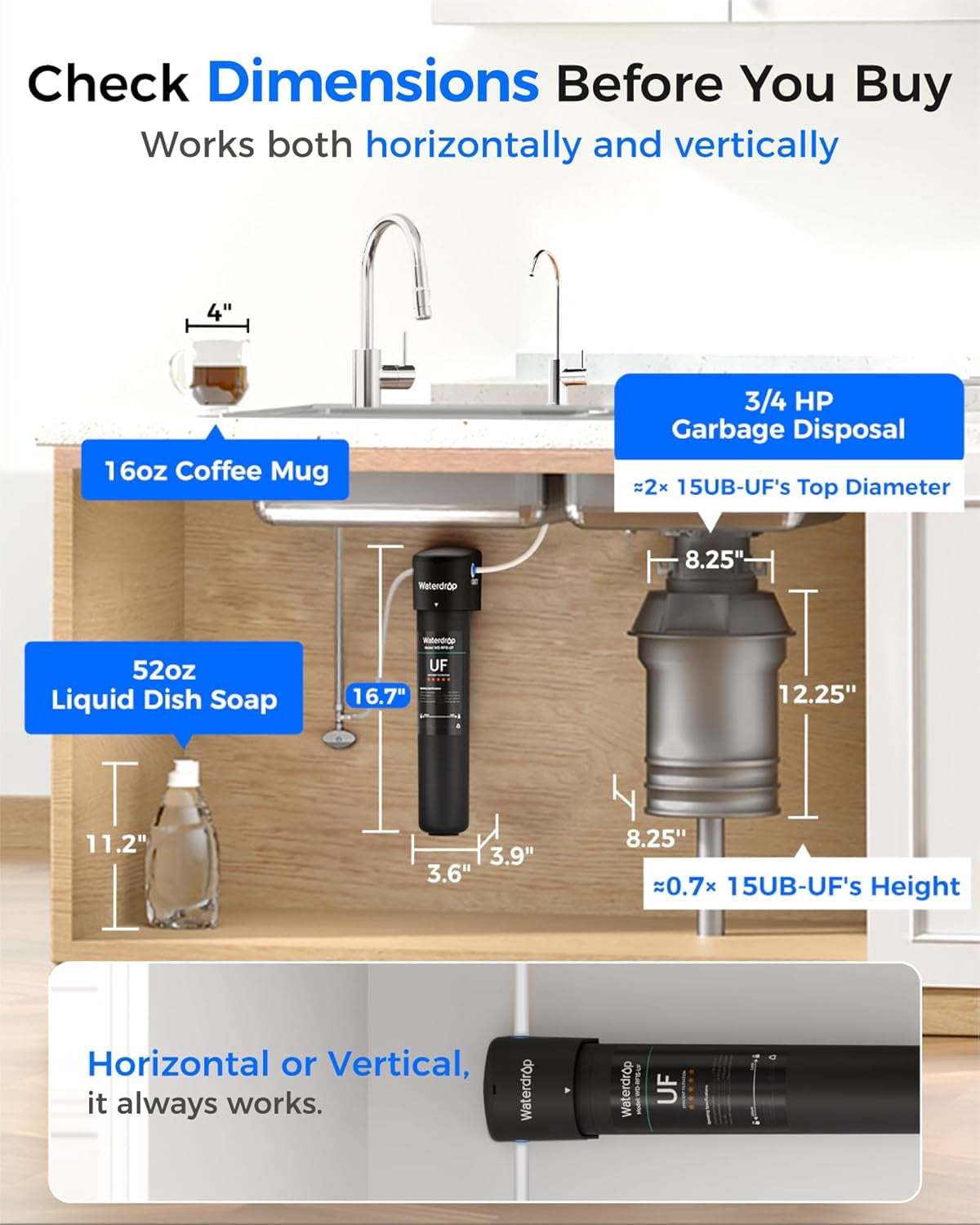 Waterdrop 15UB-UF Under Sink Water Filter System, 0.01 Micron Ultra Filtration Under Counter Drinking Water Filtration System, with Dedicated Brushed Nickel Faucet, 16K High Capacity, USA Tech