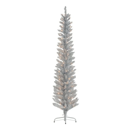Holiday Time Pre-Lit Silver Tinsel Christmas Tree, 6',
