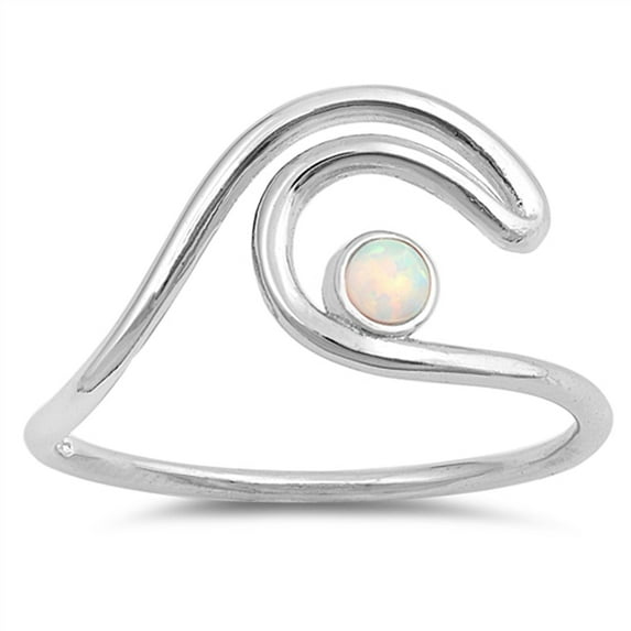 CHOOSE YOUR COLOR White Simulated Opal Wave Swirl Cute Ocean Ring .925 Sterling Silver Band