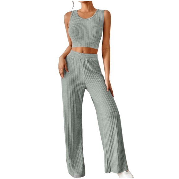cocolona Womens Two Piece Outfits Cropped Knitted Tank Tops   High Waist Wide Leg Pants Comfy Lounge Matching Sets Gray XL