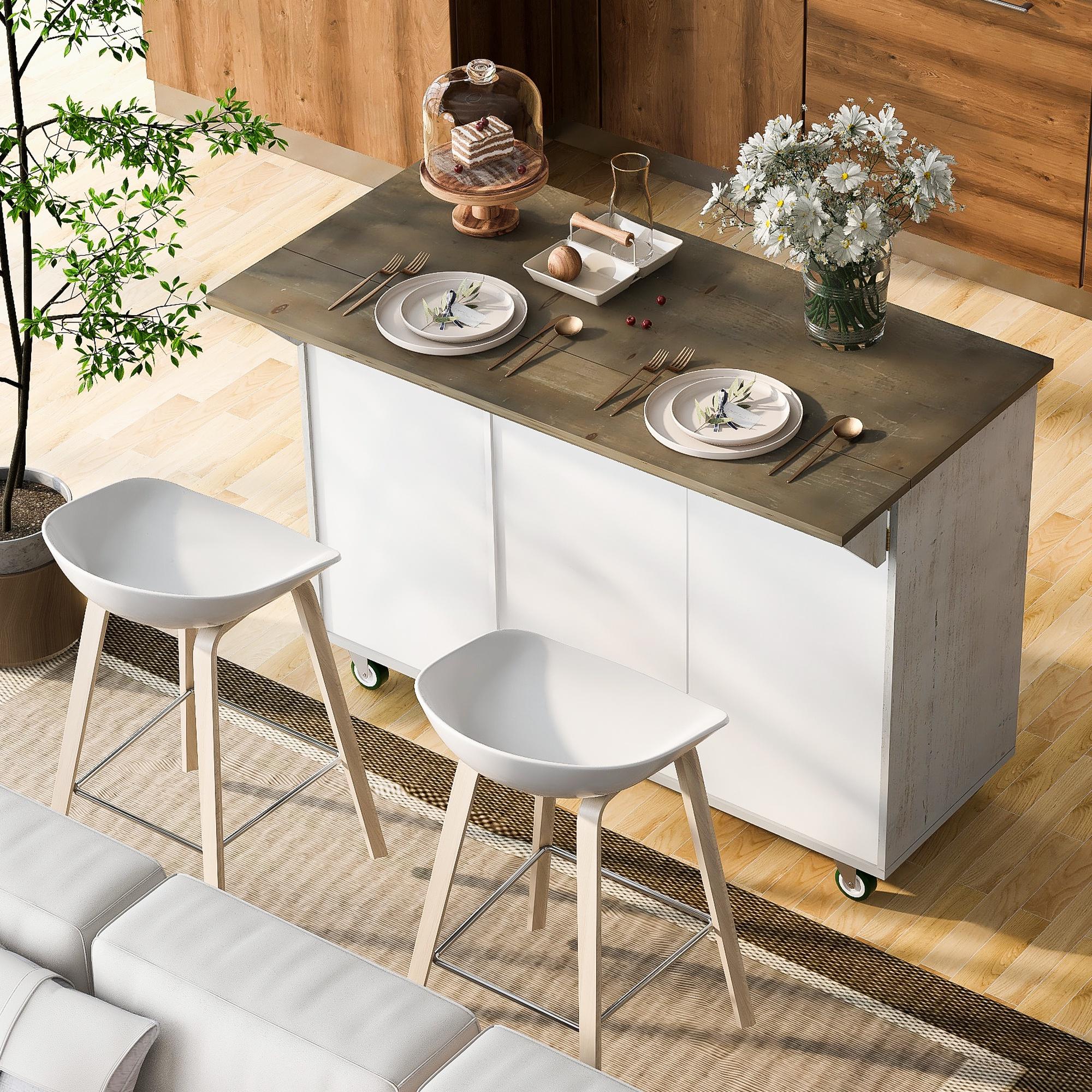 PORKISS Kitchen Island with Storage, Wooden Classical Storage Cart on Wheels with Drop Leaf for Living Room, Kitchen, Dining Room, Mountain Grain White