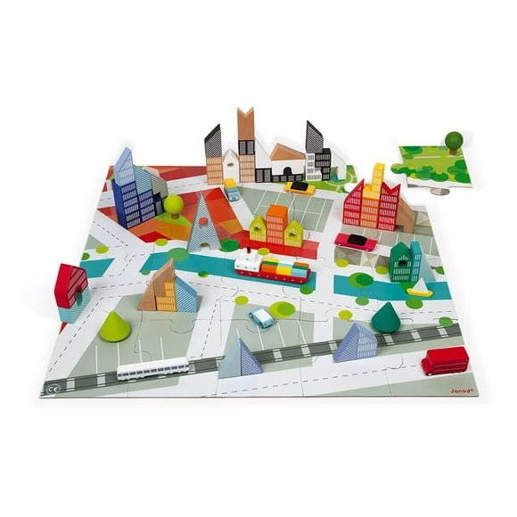 Janod - Kubix - Ensemble de 60 Blocs avec Puzzle en Carton Ville - Bois - Jeu de Construction Développement - Jouet d'Éveil - Créatif et Imaginatif - Pour Tout-Petits - À Partir de 3 Ans + - Multiling