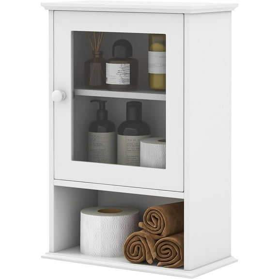 LOKO Bathroom Medicine Cabinet, Over The Toilet Storage Organizer with Adjustable Shelf, Wall Mounted Storage Cabinet with Tempered Glass Door, Modern Storage Cabinet for Living Room,Entryway (White)
