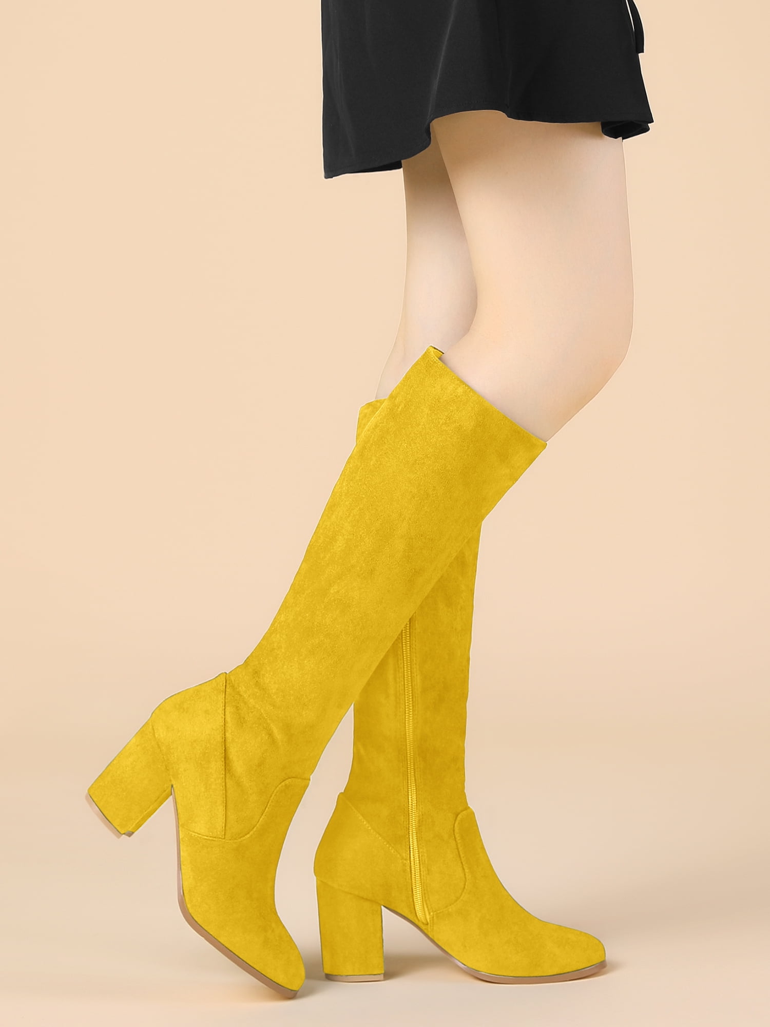DARING DIVA Women's Stylish Side Zipper Chunky Heel Knee High Boots Yellow 10