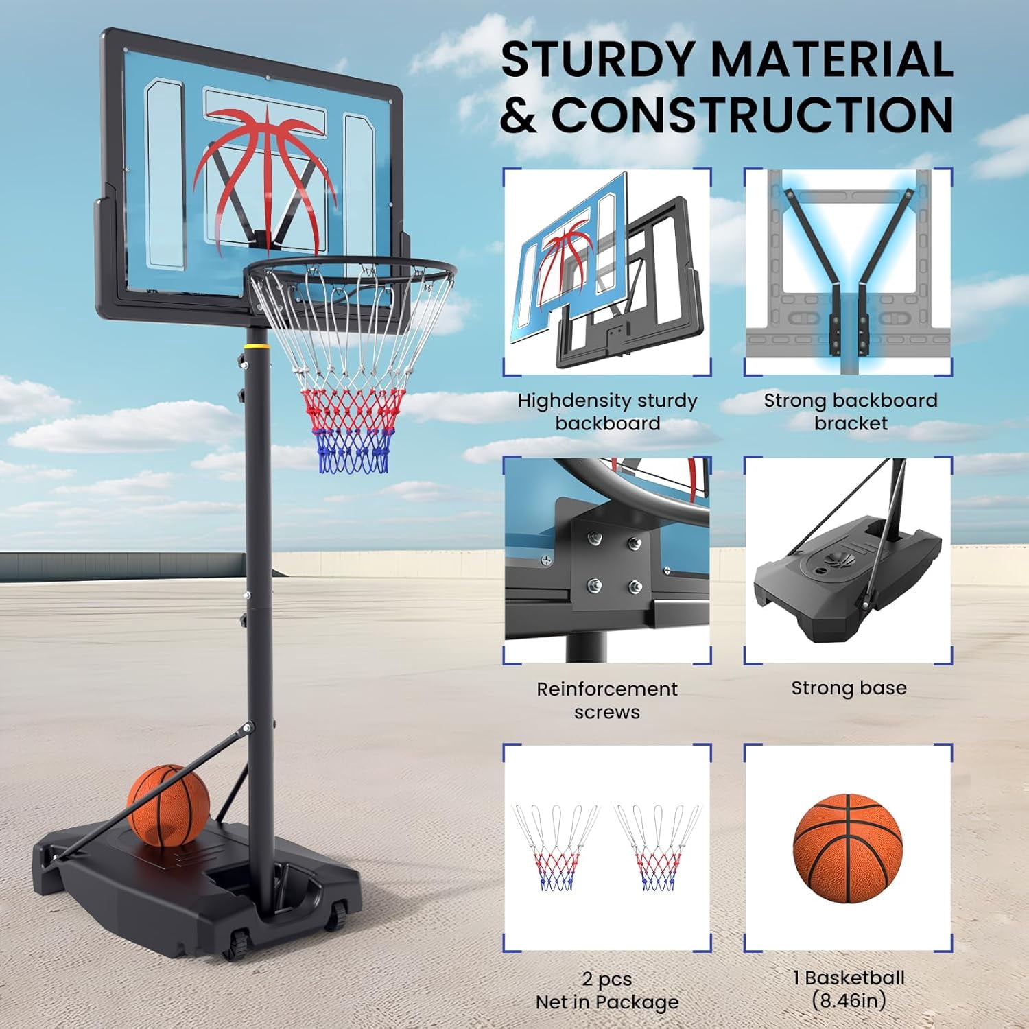 Teetheory Portable Basketball Hoop, 32" Adjustable Height (4.82-8.53FT) Backboard, with Wheels, Basketball & Pump Included, for Kids Teens Adults
