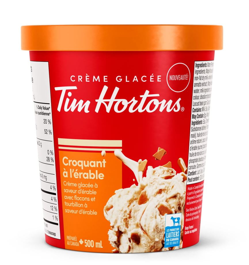 TIM HORTONS CROQUANT À L'ÉRABLE CRÈME GLACÉE 500NL Laissez-vous tenter par la fusion parfaite d'une crème glacée crémeuse et lisse, méticuleusement élaborée pour capturer l'essence de vos délices de boulangerie préférés. Guimauve grillée, Flocons et tourbillons aromatisés à l'érable, Lait 100% Canadien, Fabriqué à Tillsonburg, ON.