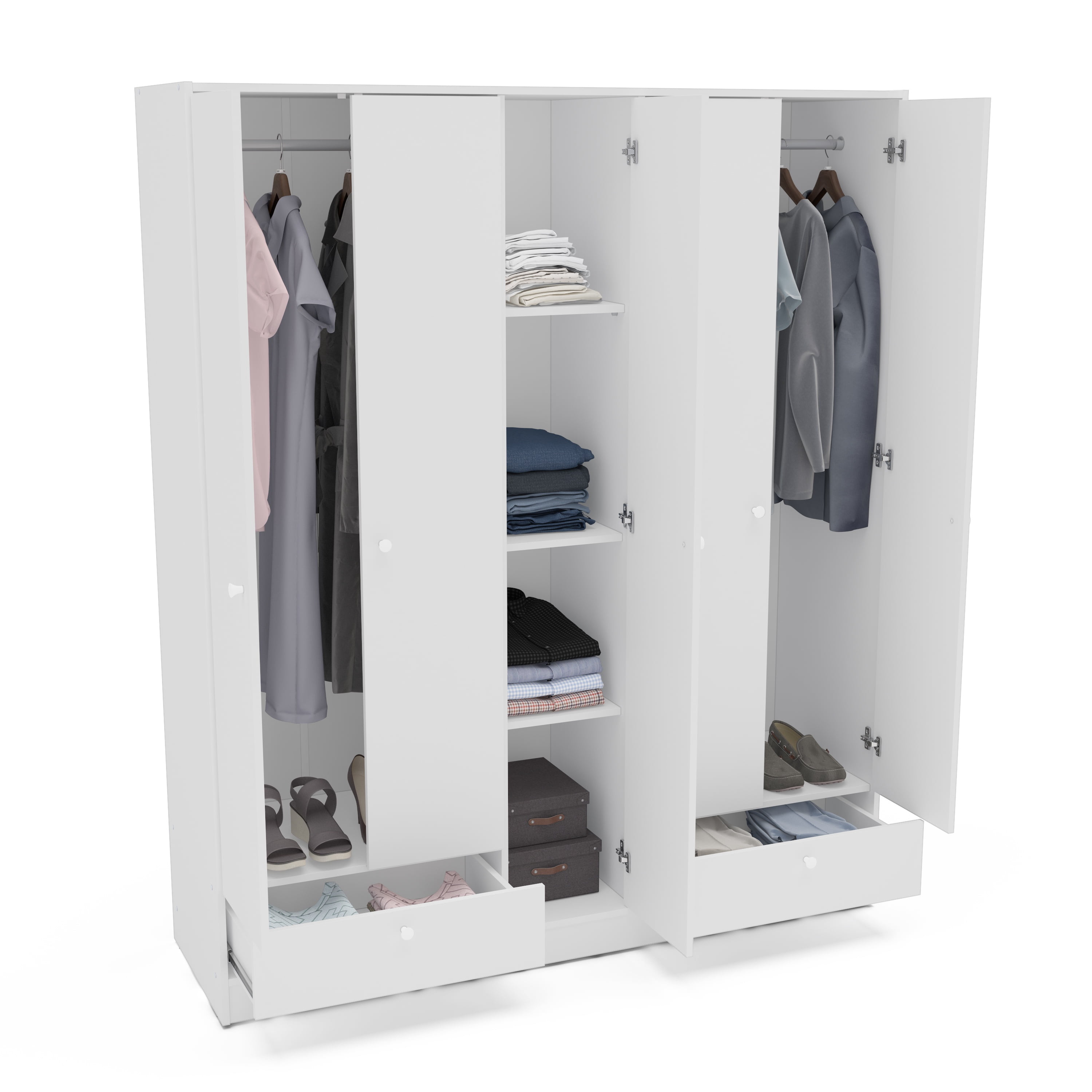 Polifurniture Denmark 71 in. 5 Door Adult Armoire with 2 Drawers, Shelves & 2 Hanging Rods, White Wood