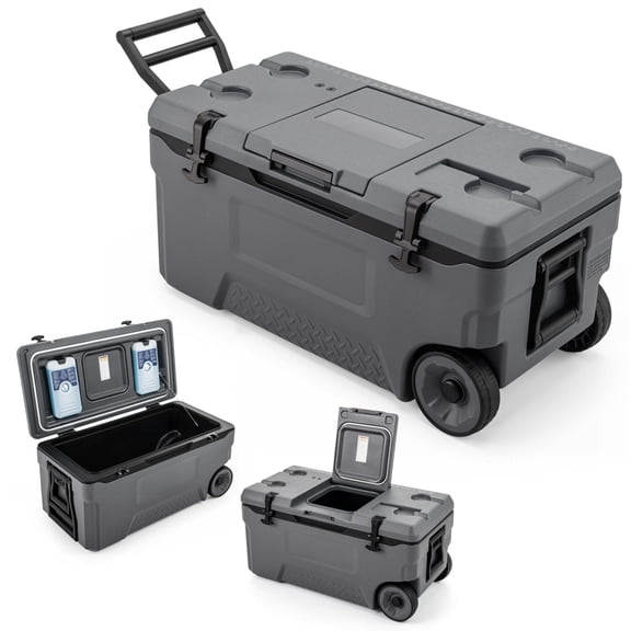 74 Quart Portable Rolling Cooler with Fish Ruler, 2 Wheels, Cup Holders, Gray