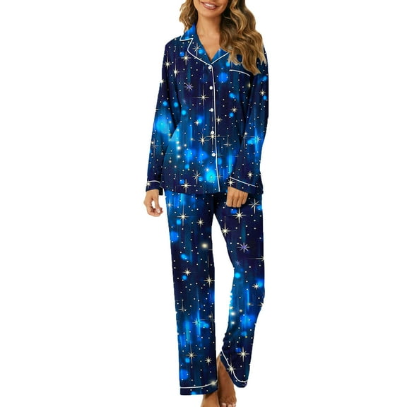 ZQUUVOU Men's and Women's Christmas Pajamas Set Long Sleeved Long Pants Matching Pajamas for Couples Casual Home Clothes Blue D