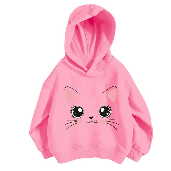Kiijoy Little Girls Casual Cartoon Cat Print Hoodie Pullover Hooded Sweatshirt, Sizes 5-6