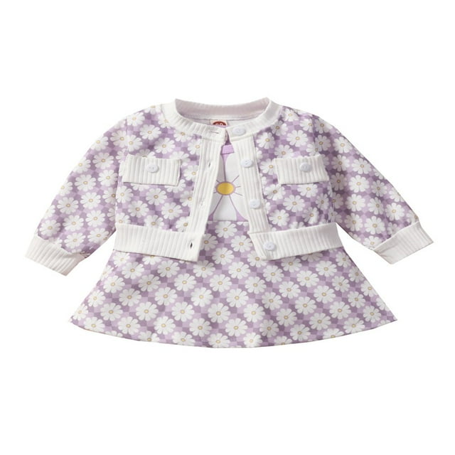 Ensemble de Mode pour Bébés Filles 2 Pcs, Cardigan à Manches Longues à Imprimé Floral avec Boutons et Robe Midi Évasée Ample Sans Manches à Col Taille Haute