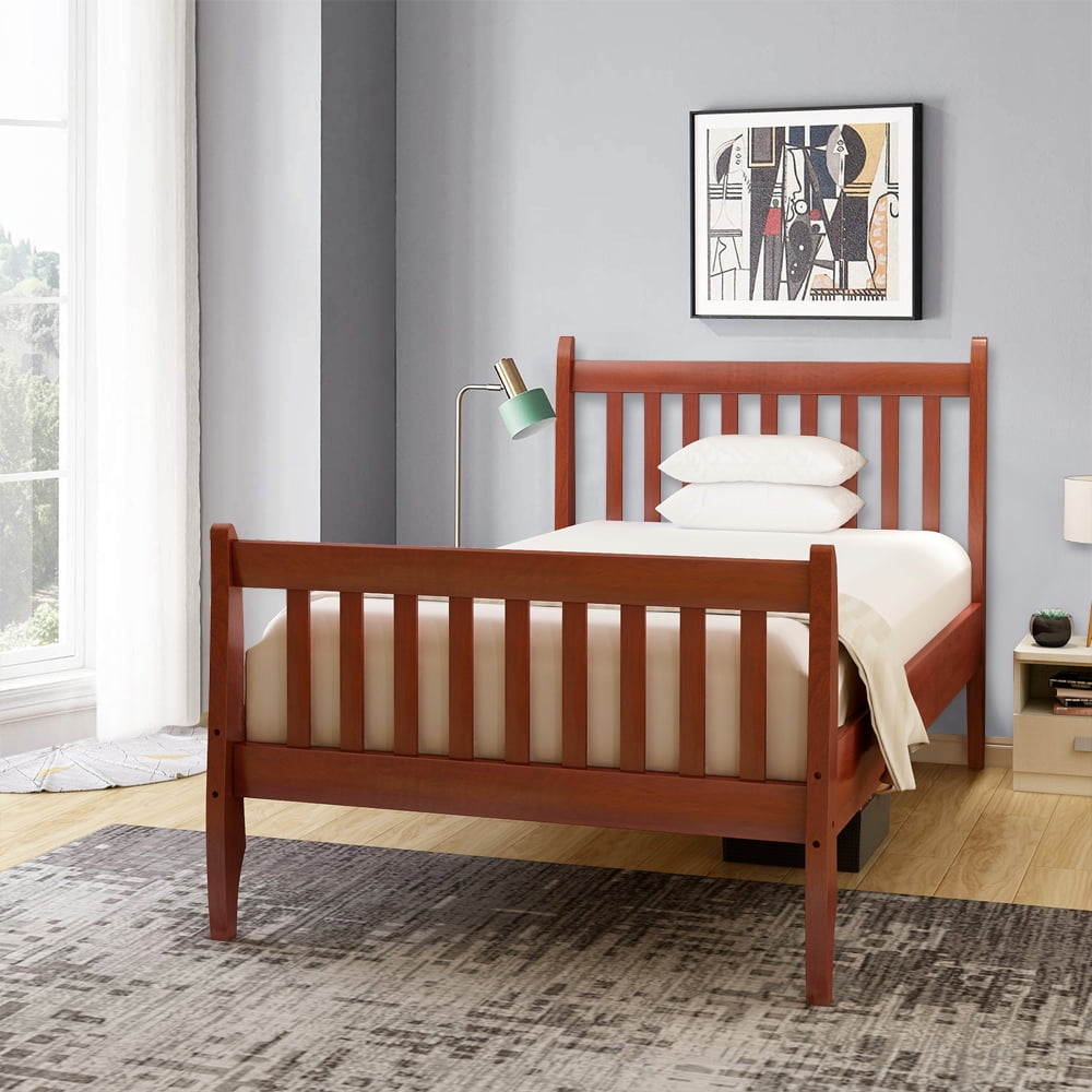 Twin Size Wood Bed Frame with Headboard and Footboard, Deluxe Solid Wood Single Bed for Kids