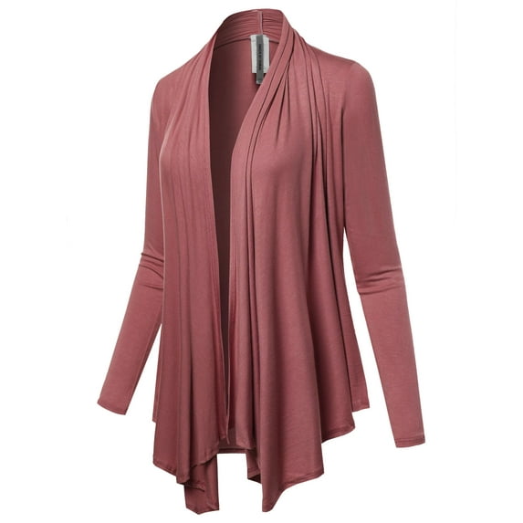 FashionOutfit Women's Solid Jersey Knit Draped Open Front Long Sleeves Cardigan