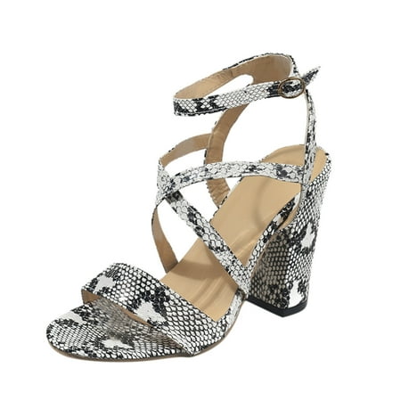 

iOPQO Women s sandals Ladies Fashion Leather Snake Print Plus Size Chunky High Heel Buckle Sandals Leather Snake Print Chunky White 41