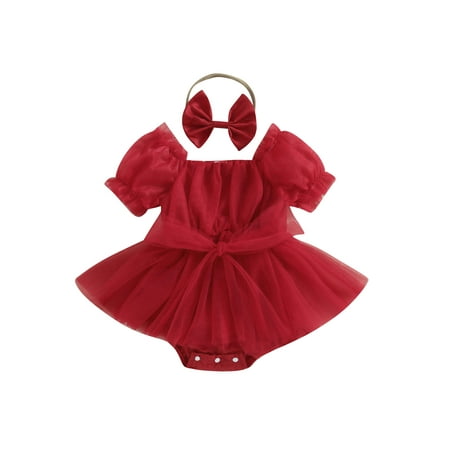 

Lieserram Baby Toddler Girls Summer Casual Romper Dress 0 6 12 18 24 Months Short Sleeve Bow Tulle Jumpsuit with Headband