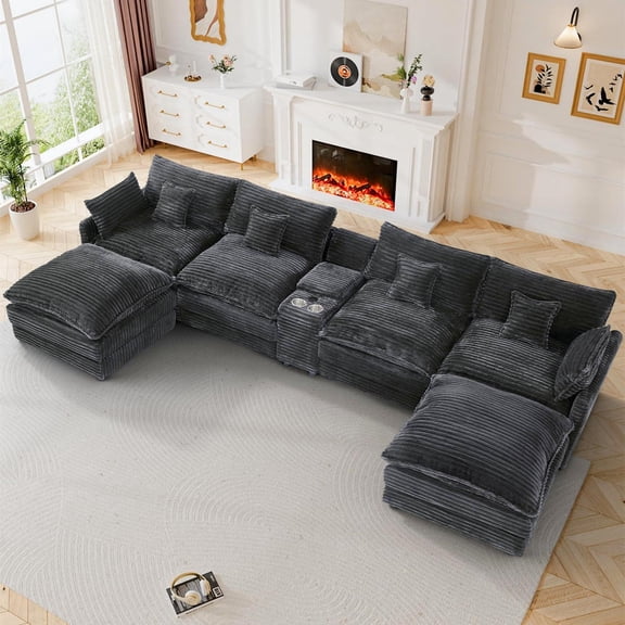 Aukfa 145" U Shaped Cloud Couch Oversized 6 Seat Sectional Sofa with USB&Cupholdes Storage Console for Living Room, Corduroy, Dark Gray