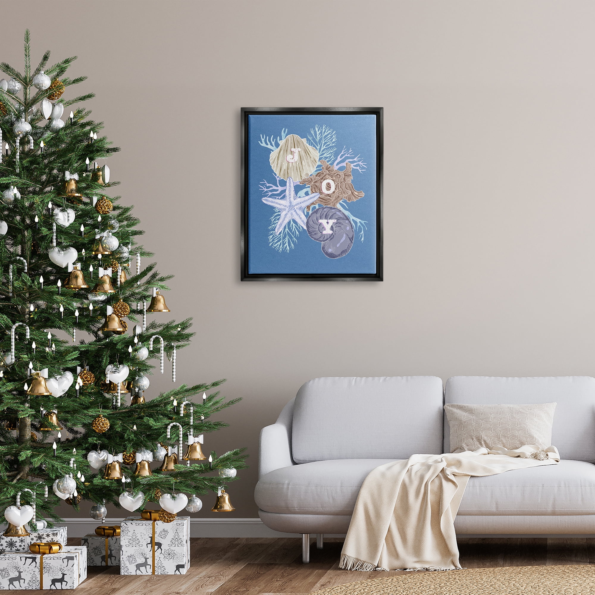 Stupell Industries Joy Nautical Holiday Seashells Holiday Painting Black Floater Framed Art Print Wall Art