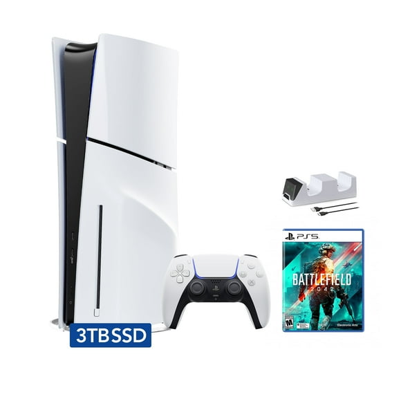 PlayStation 5 Slim Disc 3TB SSD Edition Bundle with Battlefield 2042 and C-Gamers Dual-Controller Charger - PS5, White