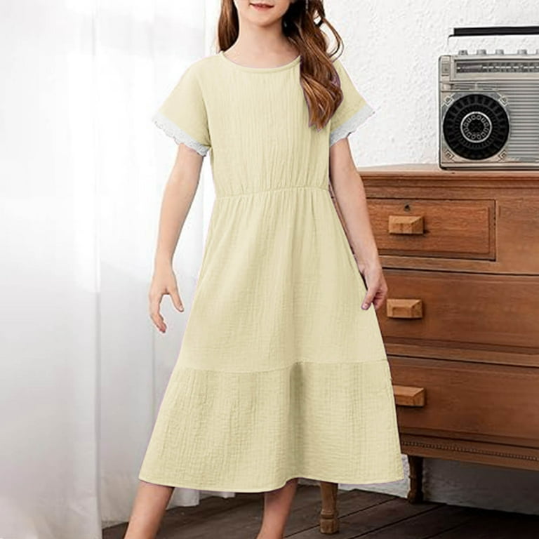 Cotton-Linen Dresses for Teens Girls 4-14y Juniors Lightweight Short Sleeve Crewneck High Waisted Solid Color Layered Breathable Midi Dress