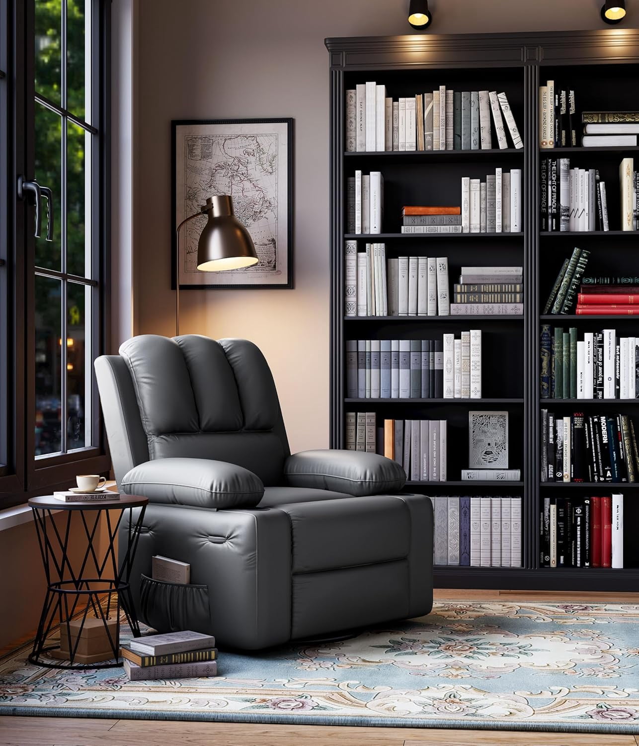 Large Leather Manual Recliner Chair with Comfortable Arms and Built-in Cup Holders, Spacious 21.2 Inch Seat Width, Perfect for Living Room Relaxation and Entertainment