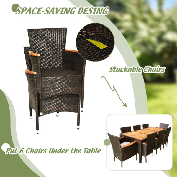 9 Pieces Ratten Dining Set with Acacia Wood Table and Stackable