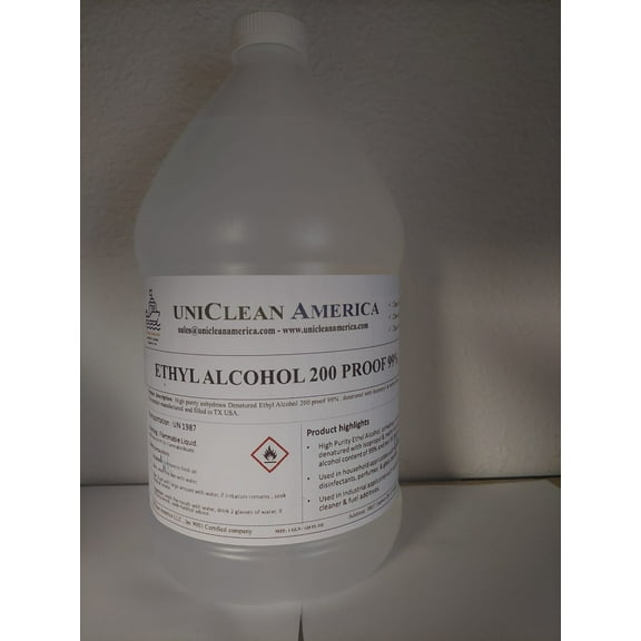 UniClean America Ethyl Alcohol 99% - DA Ethyl Alcohol 200 proof 99% - Made in USA - Size 128 fl oz