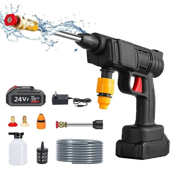 Pistola de Lavado de Alta Presión,500 PSI Hidrolavadora Inalambrica,con 3 Boquilla,5m Manguera y Kit de Batería de 24V y Cargador,para Limpieza de Exteriores de Automóviles