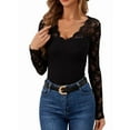 thumbnail image 2 of Women'S Floral Embroidery Mesh Lace V Neck Long Sleeve Top Black XXL, 2 of 9
